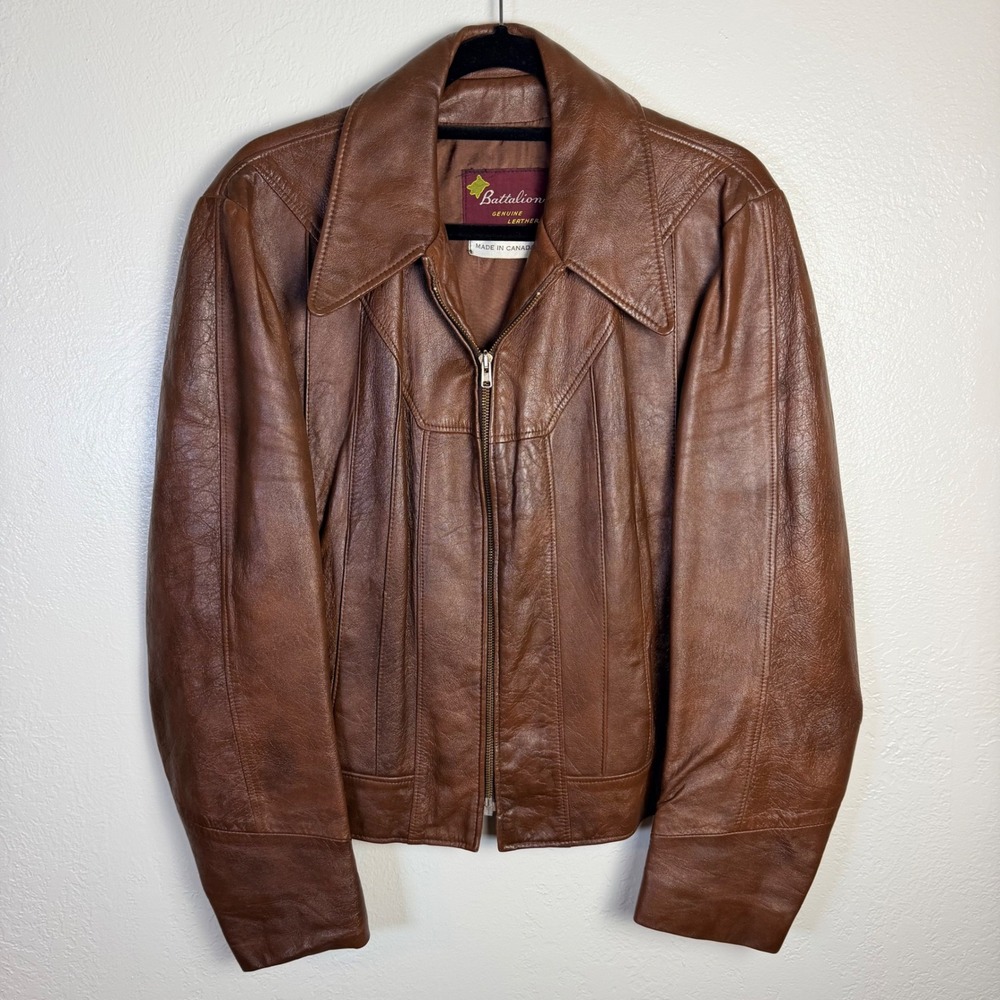 Vtg Battalion Women's 42/L 70s Brown Genuine Leather Jacket Biker Timeless Retro